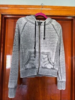 Miss Me Gray Zip Hoodie with Black Drawstrings